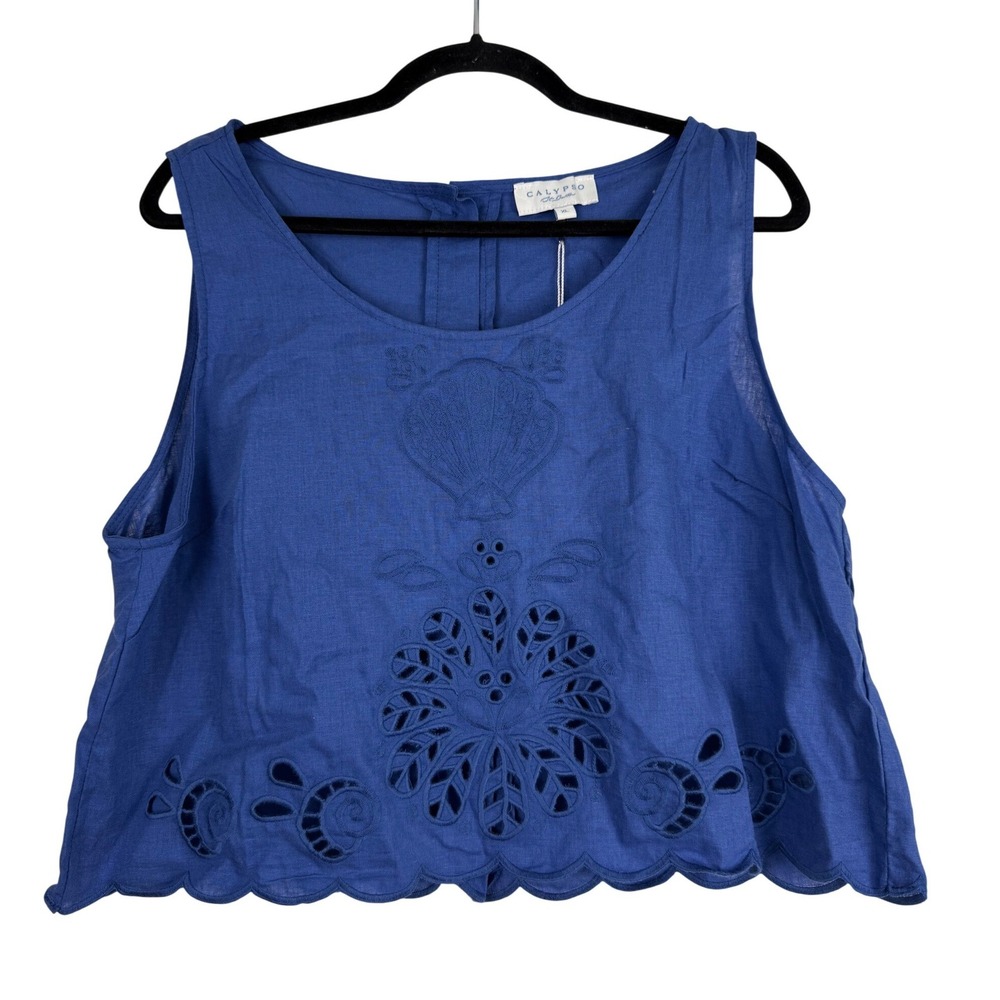Calypso St Barth Blue Linen Eyelet Embroidered Tank Top Scalloped Boho NWT XL